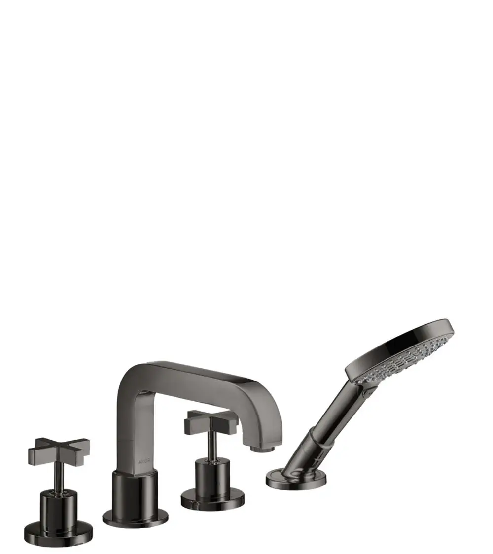 4-teilige Armatur in Polished Black Chrome für die Badewanne, bestehend aus einem Wasserhahn und zwei Kreuzgriffen. Markierung „AXOR“ ist sichtbar.